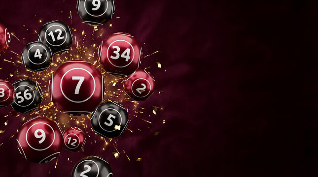 lottery balls red black numbers jackpot winner gambling draw chance gold confetti dark burgundy background celebration for casino game design elegant banner