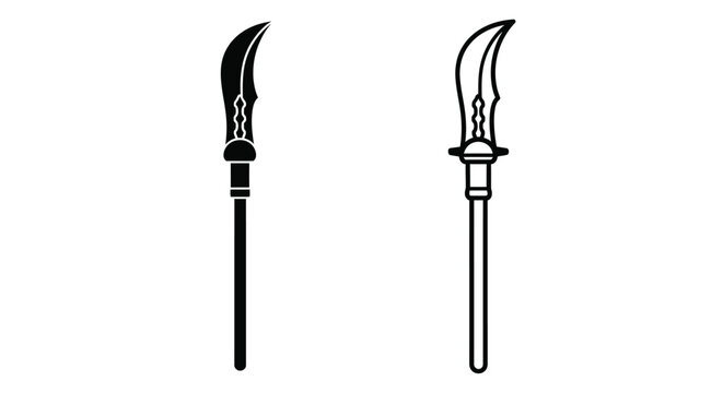 Two stylized scimitar silhouettes against a stark white background