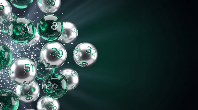 lottery balls silver green glass numbers jackpot winner gambling draw dark emerald background for casino game concept elegant design banner copy space