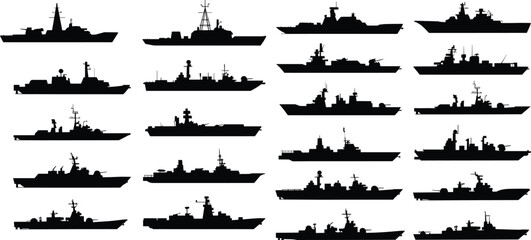 Naval warship silhouettes, military vessel collection, navy fleet illustration, maritime defense ships, naval architecture silhouettes, warship comparison grid, naval vessels © MstGeasmin