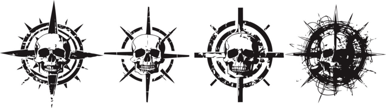 Grunge skull compass designs in black with directional points and distressed texture elements