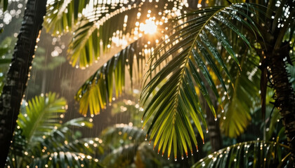 Naklejka premium palm leaves in a tropical setting with sunlight filtering through. Rain drips from the palm leaves, creating a serene atmosphere.