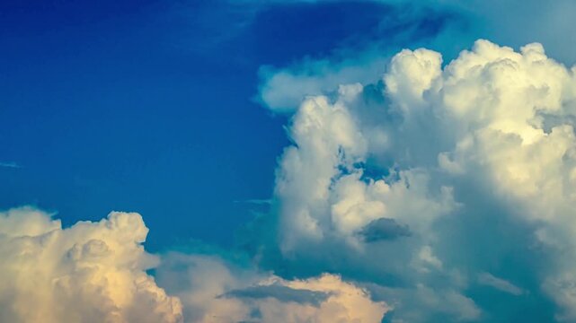 Large, fluffy white cumulus clouds float majestically against a backdrop of a deep, vivid blue sky on a bright day.