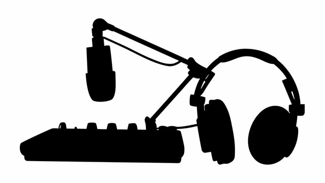 Studio recording setup silhouette with microphone headphones and audio mixer on white background for music production and podcasting