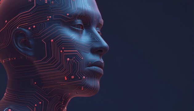 Perfil de un rostro humano cubierto de circuitos electr&oacute;nicos brillantes.