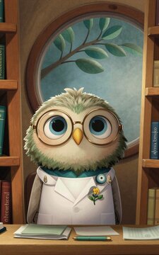 Un b&uacute;ho antropom&oacute;rfico con bata de laboratorio y gafas, sentado en un escritorio lleno de libros y documentos.