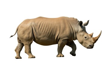 Fototapeta premium A light brown rhinoceros with a large horn walks on a white background isolated animal