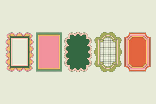 Five decorative frames with floral and geometric patterns in pastel colors