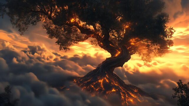 Dramatic tree silhouette against vibrant sunset sky background