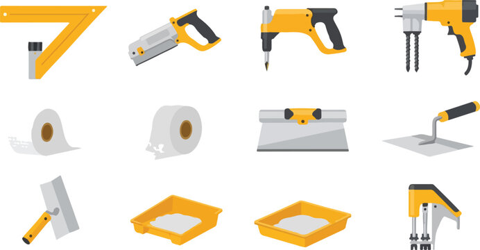 Drywall tools and supplies set isolated on transparent background for interior construction and finishing.