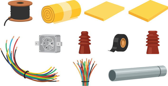 Electrical supplies and wires in isometric view including wire spool electrical box insulation tape and connectors.