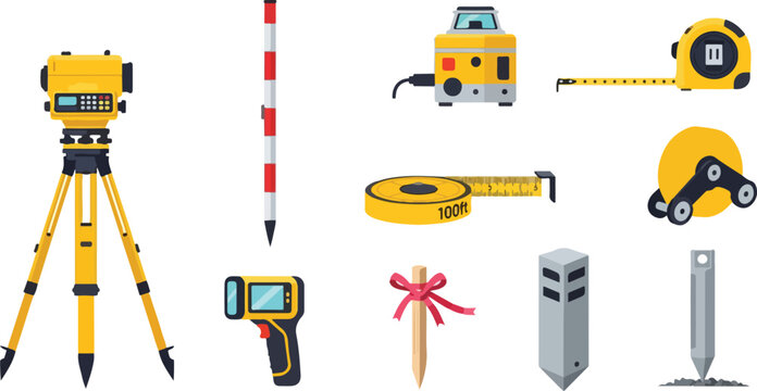 Geodetic survey equipment including total station tripod and laser level with measuring tapes for engineering precision.