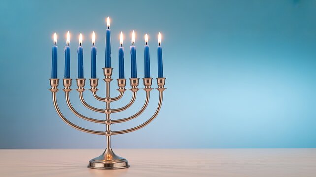 A lit golden menorah with eight blue candles and a ninth shamash candle burning against a soft blue background