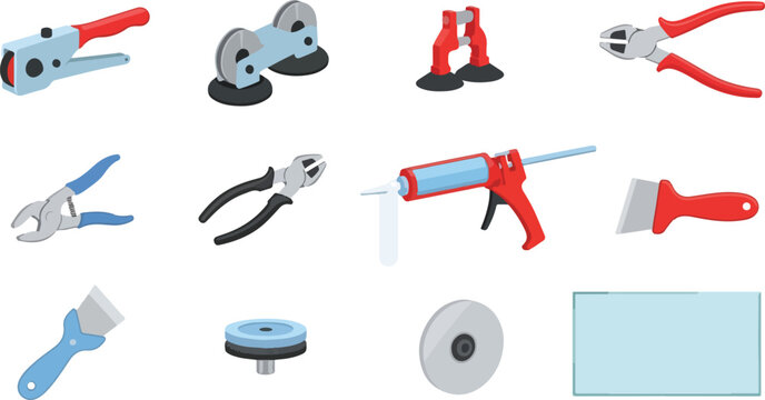 Glass installation tool set including suction cups glass cutter sealant gun and protective scrapers for professional use.