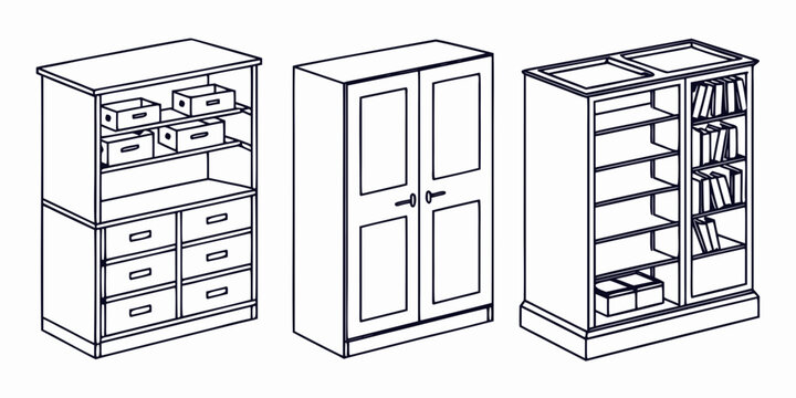 Three different types of wooden furniture including a bookshelf, cabinet, and wardrobe