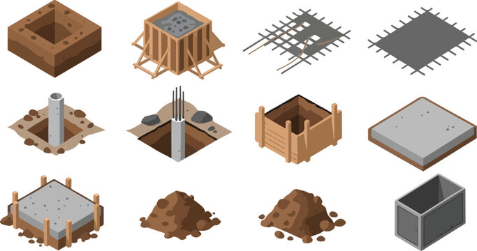Isometric set of construction site elements with excavation, foundations, and building materials.