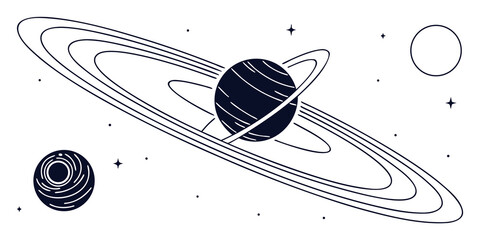 A detailed illustration of a planet with rings and two moons in space © Mamun
