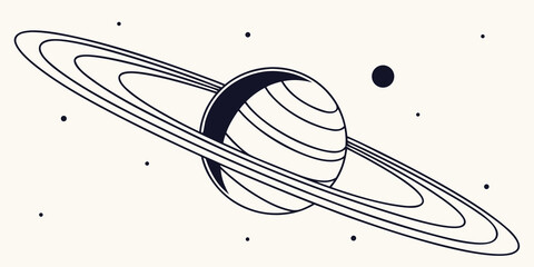 A detailed illustration of the planet saturn with its prominent rings and a moon © Mamun