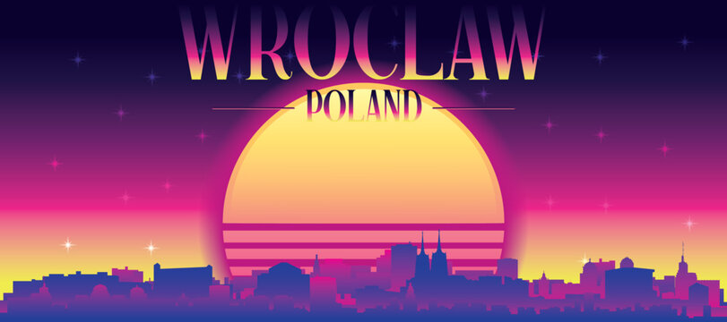 Purple generic retro futuristic synthwave panoramic poster of the city skyline with misty background sunset buildings of WROCLAW, POLAND
