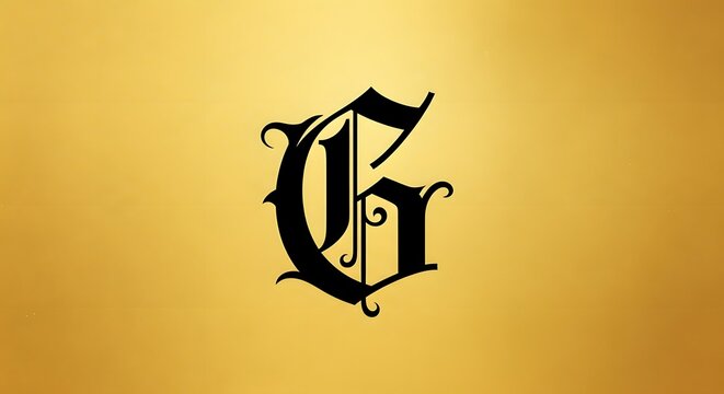 Elegant black gothic initial 'G' designed with classic calligraphy style on a luxurious golden textured background, representing a timeless monogram concept for branding