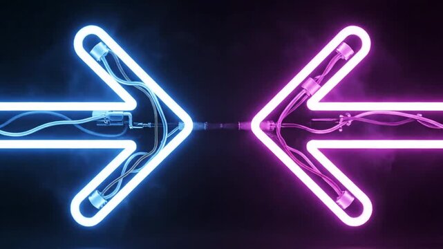 Abstract blue and pink neon arrows meeting with an electric spark