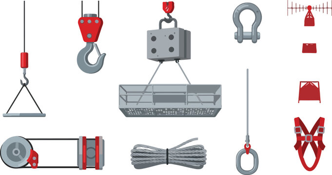Various types of lifting and rigging equipment including hooks shackles ropes and safety harnesses on transparent background.