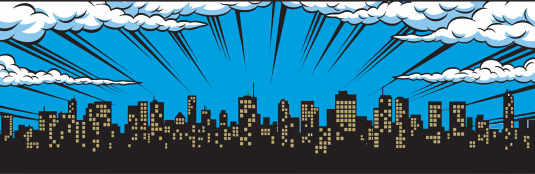 Vibrant comic cityscape with towering skyscrapers and radiant sunlight