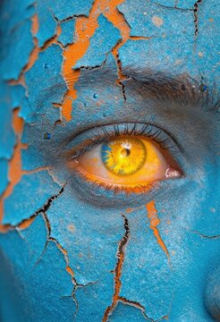 Primer plano de un ojo con maquillaje que simula pintura descascarada.