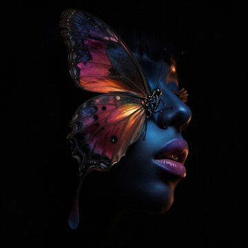 Retrato de una mujer con una mariposa posada en su rostro, simbolizando transformaci&oacute;n y belleza fugaz.