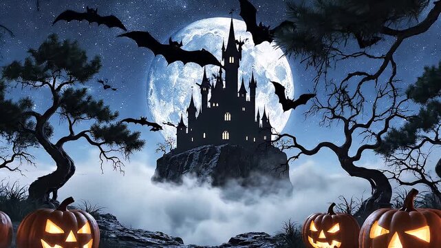 Scary Halloween castle under a full moon in the dark night. Illustration of a gothic and eerie landscape.