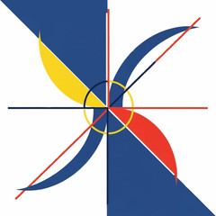 Obraz premium Abstract geometric design with swirling blue, yellow, and red elements forming a pinwheel or compass rose motif.