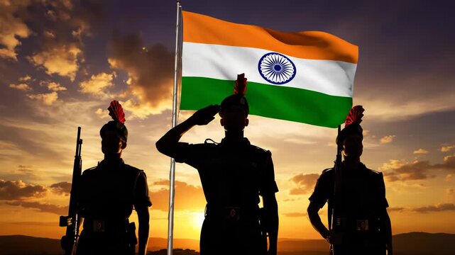 Soldiers standing in formation with the Indian national flag at sunset high quality video footage patriotism military honor tricolor saffron white green soldiers india flag