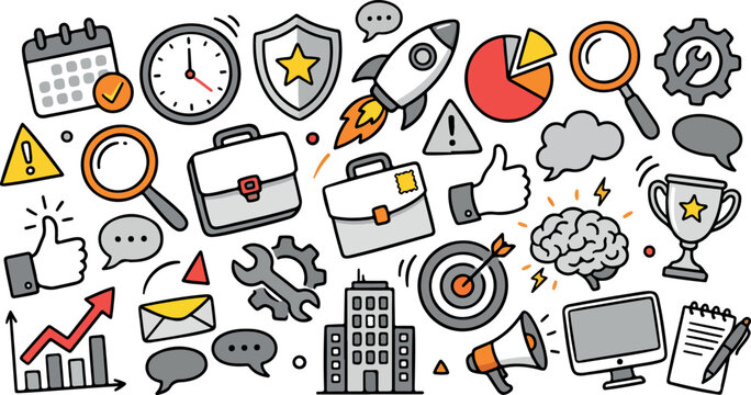 Business and finance doodle vector illustration with analytics charts, growth strategy, startup launch, marketing, communication, and productivity icons