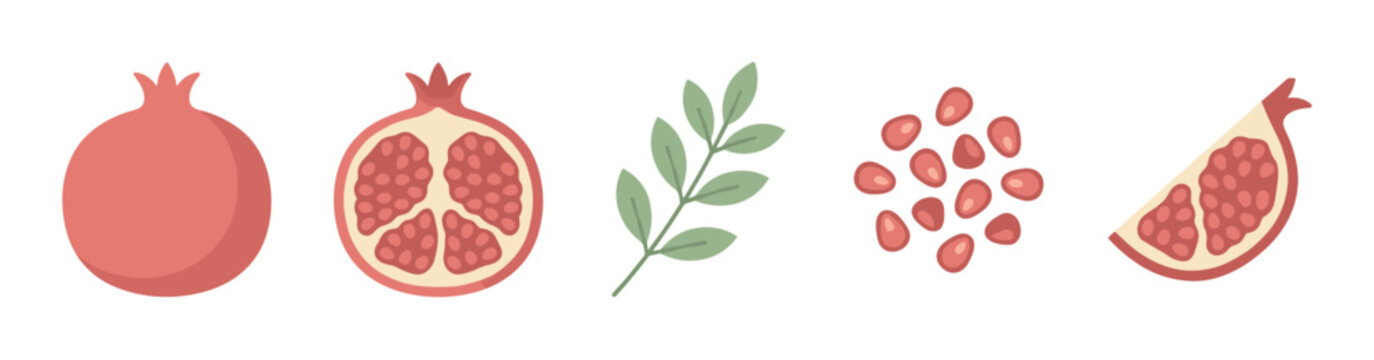 Pomegranate fruit elements collection with whole and sliced pieces, including arils and a green leaf, presented in a modern flat design style.