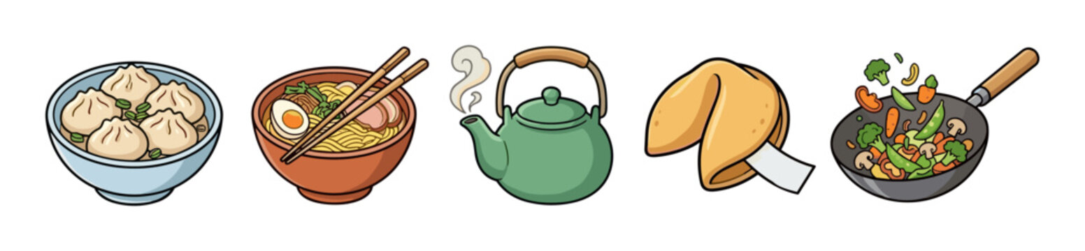 Various delicious Asian food items including dumplings, ramen, teapot, fortune cookie, and stir-fry vegetables in a vibrant cartoon illustration style.