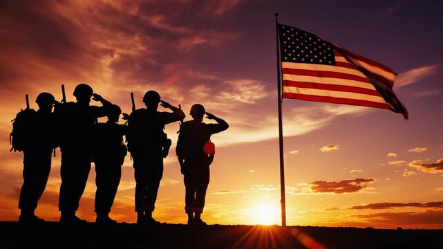 Soldiers standing together with the US flag against a bright sunset sky high quality video footage military brotherhood patriotism honor army veterans soldiers sunset flag