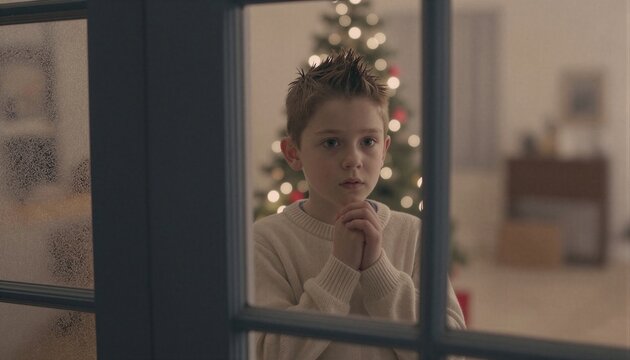 Un ni&ntilde;o con expresi&oacute;n melanc&oacute;lica observa a trav&eacute;s de una ventana empa&ntilde;ada, con un &aacute;rbol de Navidad iluminado al fondo.
