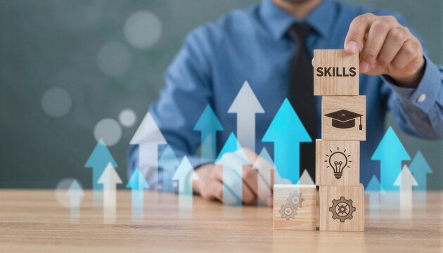 Un hombre construye una torre de bloques de madera que simboliza el desarrollo de habilidades.