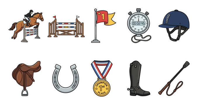 Equestrian sport competition equipment collection featuring a jumping horse, saddle, helmet, medal, stopwatch, and other essential items for show jumping.