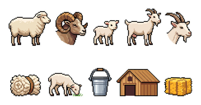 Pixel art farm animals and agricultural elements collection featuring sheep, goats, lambs, rams, a barn, hay, wool, and a bucket, perfect for retro game design.