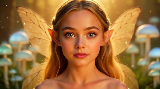 Beautiful Young Fairy with Glowing Wings in Magical Forest