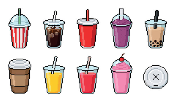 Pixel art beverages cups collection featuring various refreshing drinks like soda, coffee, juice, and smoothies in a retro 8-bit digital game style.