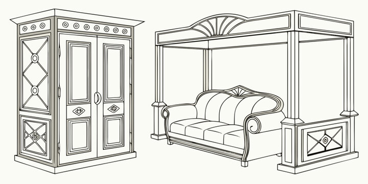 Vintage bedroom furniture set including a canopy bed and wardrobe