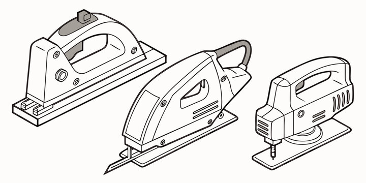Three different types of electric saws used for various woodworking tasks.