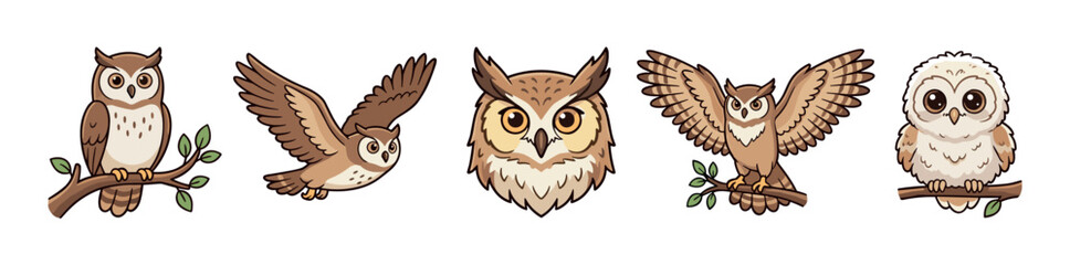 Fototapeta premium Cute cartoon owls in various poses and expressions, including flying, perching on branches, and a detailed face, rendered in a charming illustrative style.