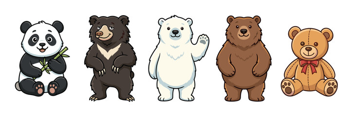 Obraz premium Charming collection of cartoon bears featuring a panda, polar bear, brown bear, black bear, and a teddy bear, ideal for playful designs.