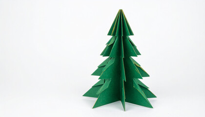 Fototapeta premium Green folded paper Christmas tree with gold accents on white background