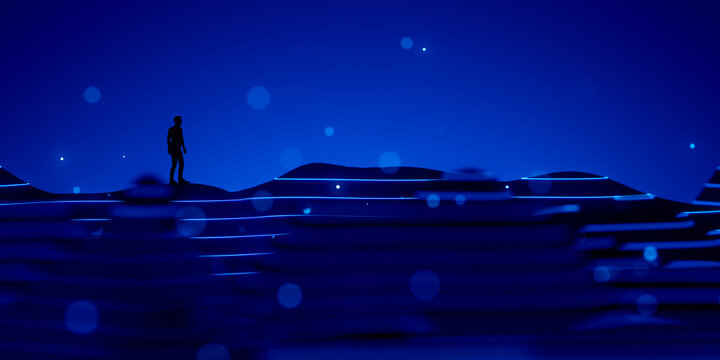 3D neon data horizon with silhouette on glowing wave