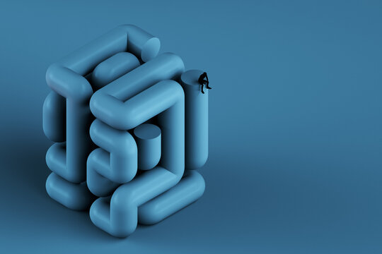 3D monochrome puzzle structure with silhouette and block