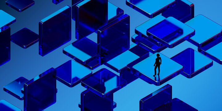 3D glass panel network with silhouette on floating tile